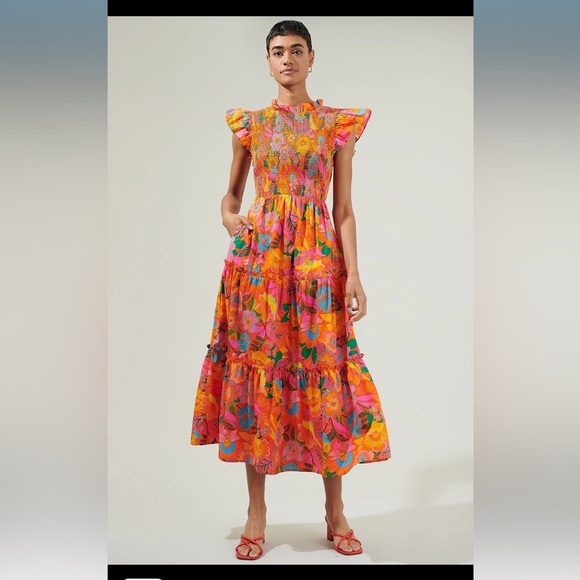 SugarLips Idalia Floral Smocked Midi Dress Orange Mutli - Picture 2 of 7